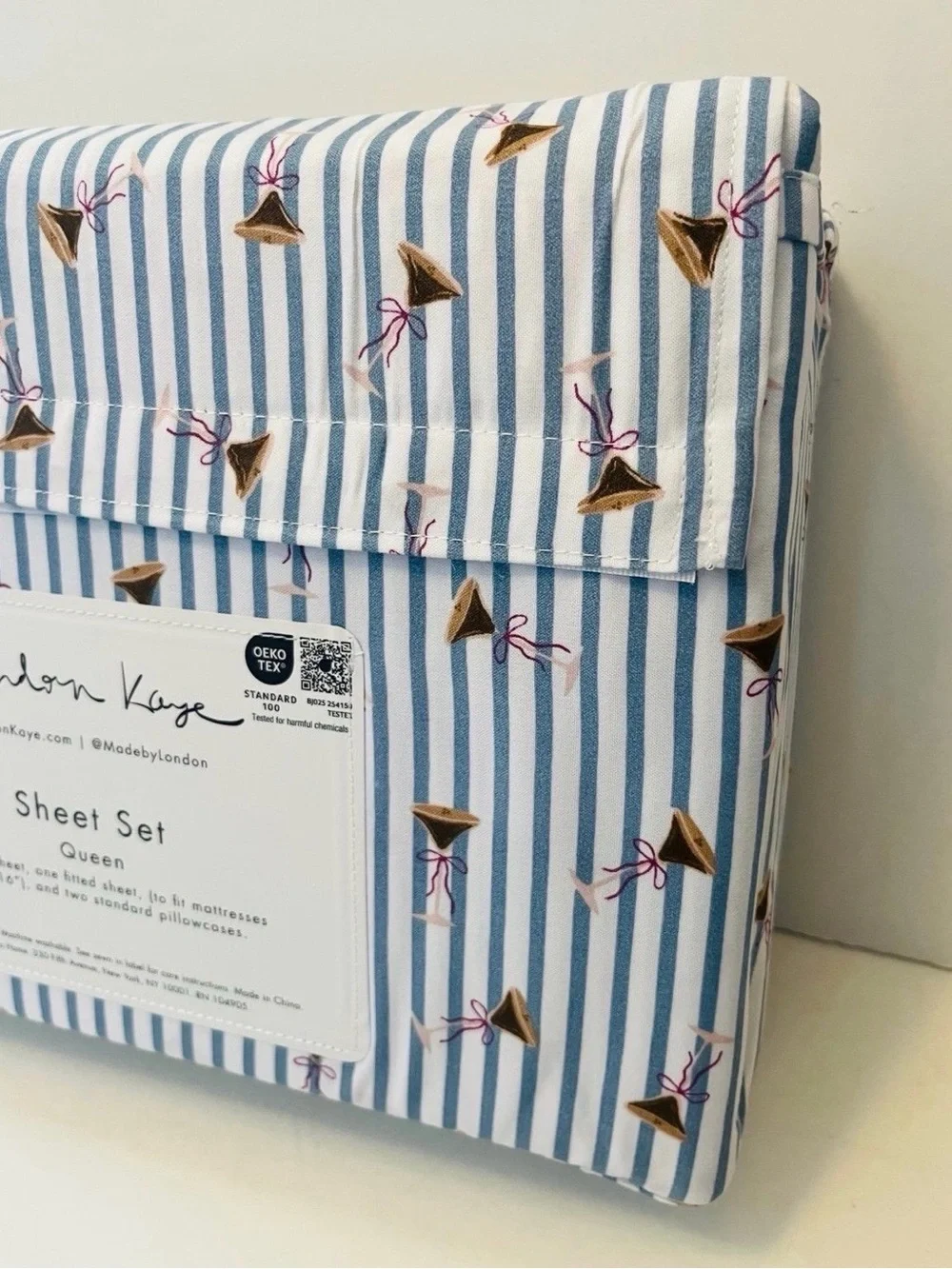 London Kaye Queen Size Sheet Set Mini Stripe Cafe Espresso Martini Glasses Bows